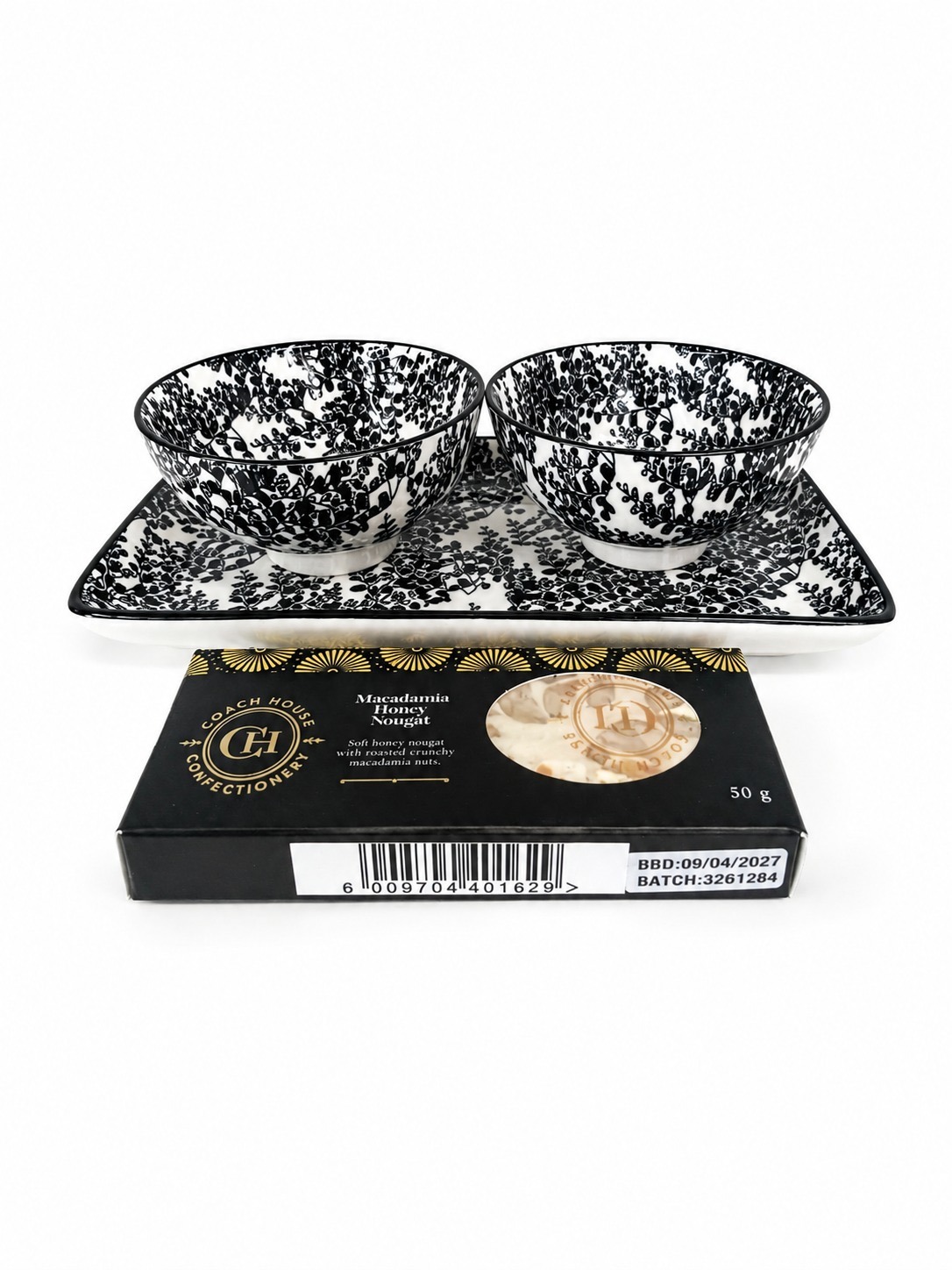 2 Small Black & White Dishes on Plate